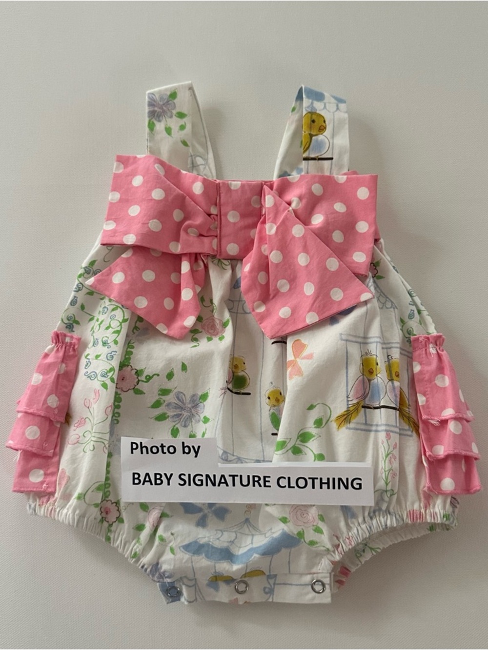 Serendipity Newborn Baby Girl Pink Polka Dot Bow Bubble Romper Bird